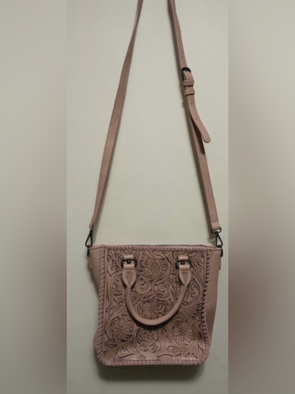 Trinity Ranch Pink Floral Tooled Crossbody Satchel Purse Whipstitch NWT